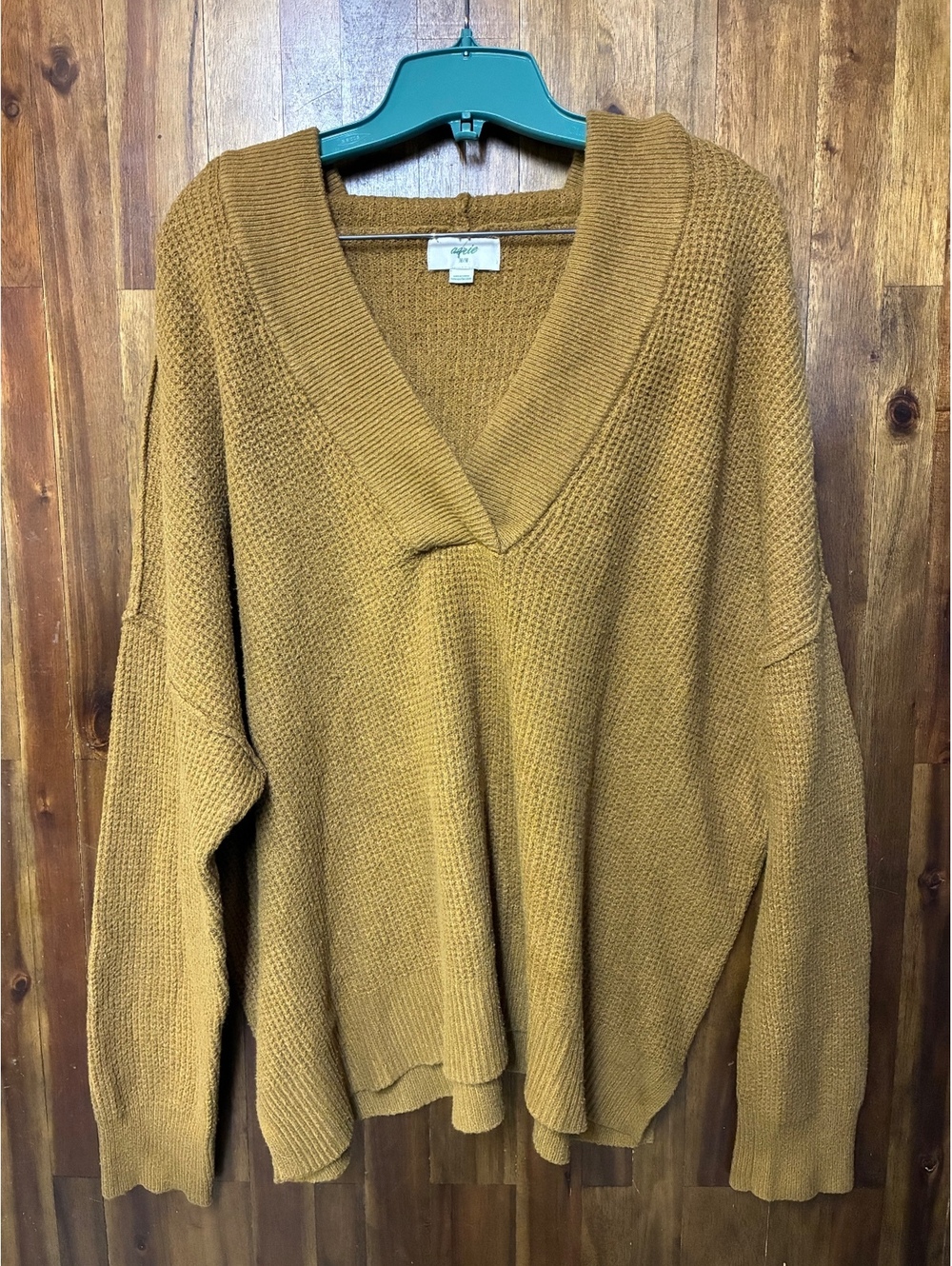 Aerie Mustard Yellow Waffle Knit Oversized V-Neck Sweater Hoodie Size Medium